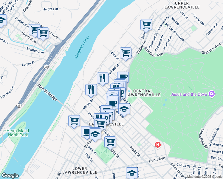 map of restaurants, bars, coffee shops, grocery stores, and more near in Pittsburgh