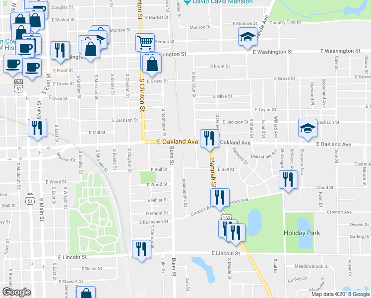 map of restaurants, bars, coffee shops, grocery stores, and more near 606 Indianapolis Street in Bloomington