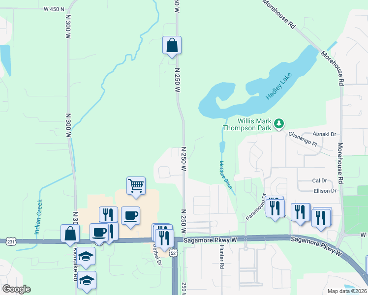 map of restaurants, bars, coffee shops, grocery stores, and more near 3902 North 250 West in West Lafayette