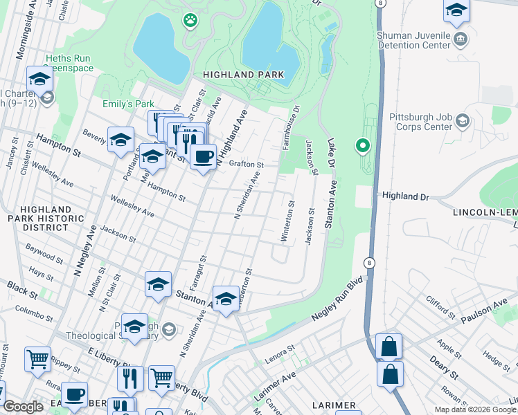 map of restaurants, bars, coffee shops, grocery stores, and more near 1019 Heberton Street in Pittsburgh