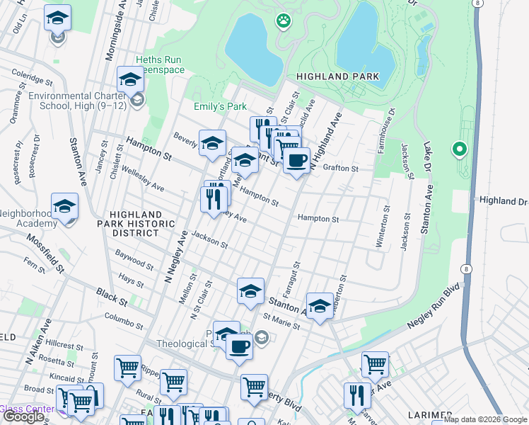 map of restaurants, bars, coffee shops, grocery stores, and more near 5818 Wellesley Avenue in Pittsburgh