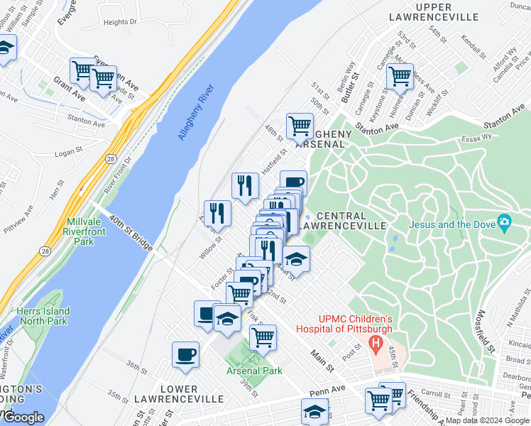 map of restaurants, bars, coffee shops, grocery stores, and more near in Pittsburgh