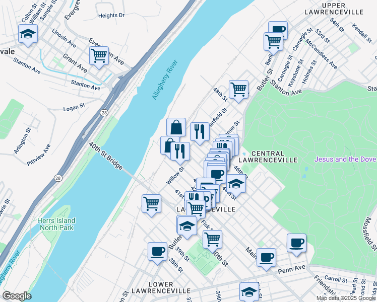 map of restaurants, bars, coffee shops, grocery stores, and more near 132 44th Street in Pittsburgh
