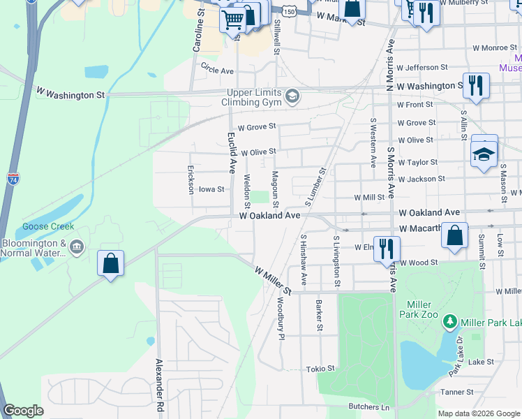 map of restaurants, bars, coffee shops, grocery stores, and more near 1408 County Highway 26 in Bloomington