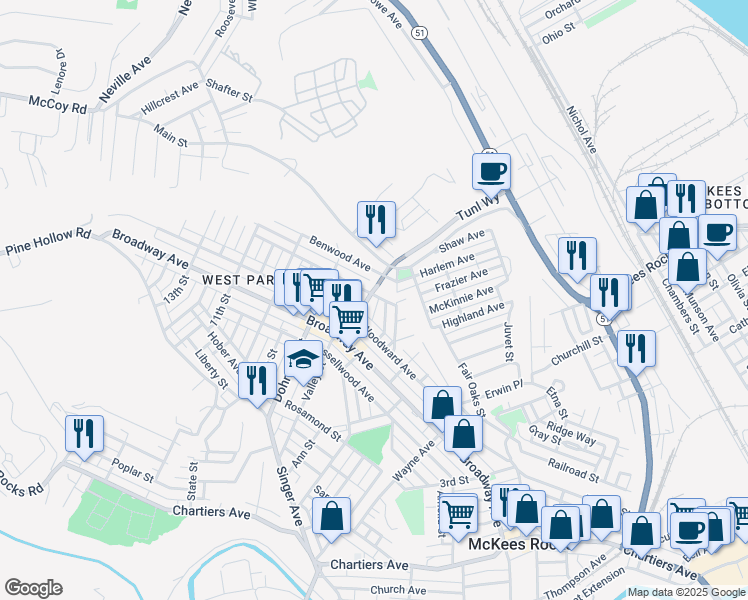 map of restaurants, bars, coffee shops, grocery stores, and more near 818 Lamont Street in McKees Rocks