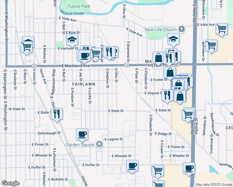 map of restaurants, bars, coffee shops, grocery stores, and more near 1199 East Virginia Avenue in Kokomo