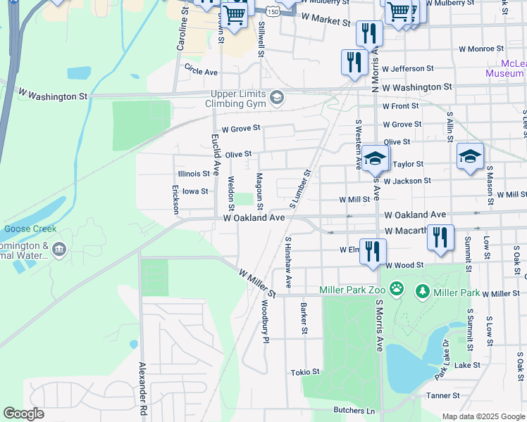 map of restaurants, bars, coffee shops, grocery stores, and more near 126 Magoun Street in Bloomington