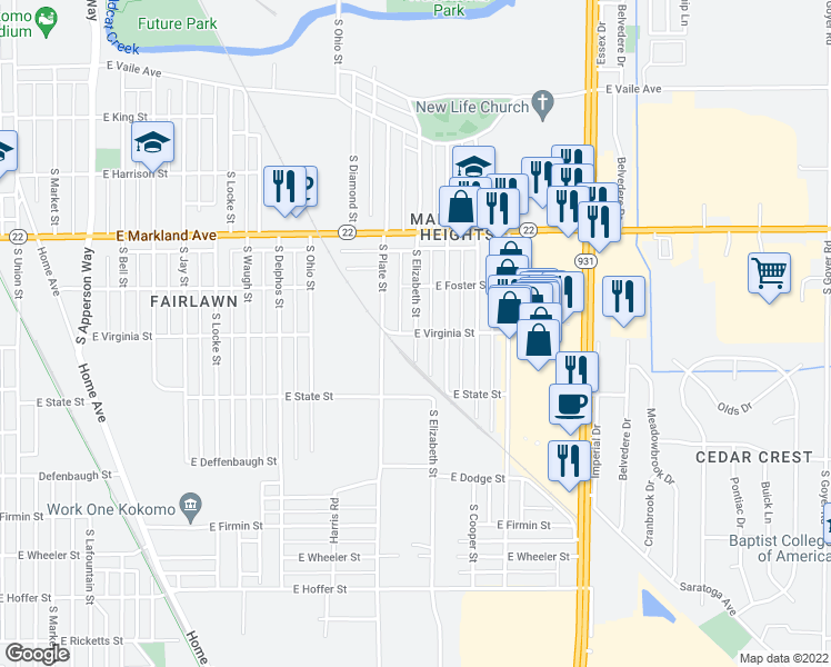 map of restaurants, bars, coffee shops, grocery stores, and more near 1201 South Elizabeth Street in Kokomo