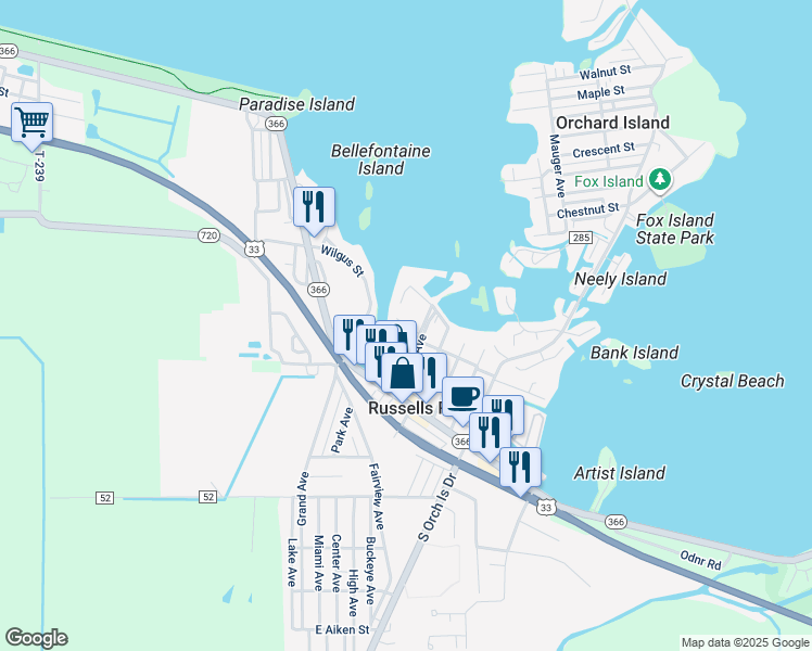 map of restaurants, bars, coffee shops, grocery stores, and more near 129 Chase Avenue in Russells Point