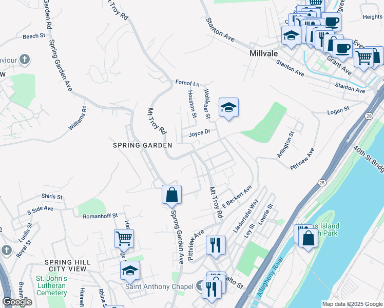 map of restaurants, bars, coffee shops, grocery stores, and more near 2421 Cronemeyer Avenue in Pittsburgh