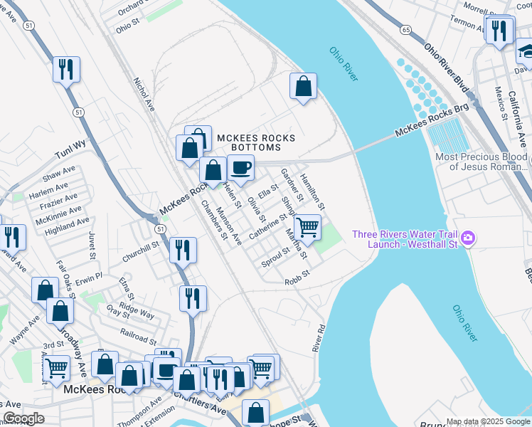 map of restaurants, bars, coffee shops, grocery stores, and more near 304 Catherine Street in McKees Rocks