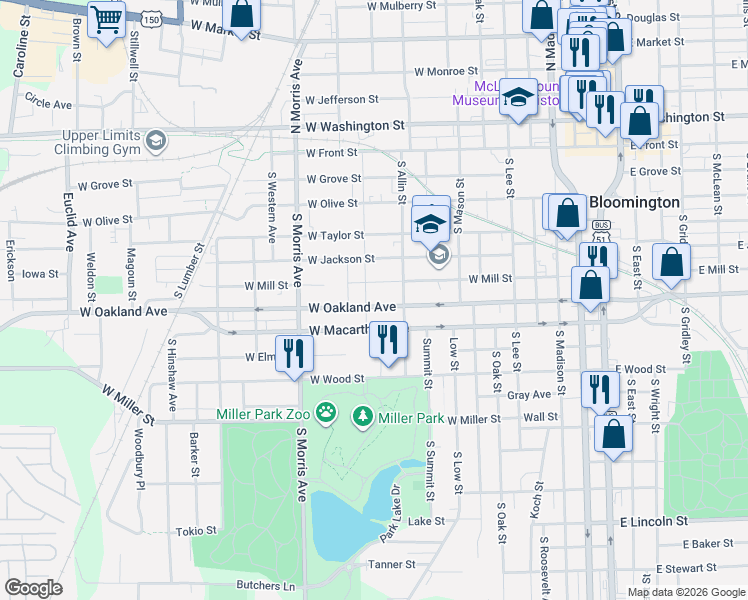 map of restaurants, bars, coffee shops, grocery stores, and more near 905 West Macarthur Avenue in Bloomington