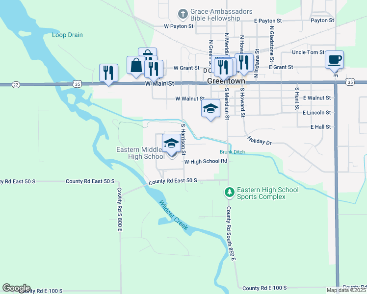 map of restaurants, bars, coffee shops, grocery stores, and more near 421 South Harrison Street in Greentown
