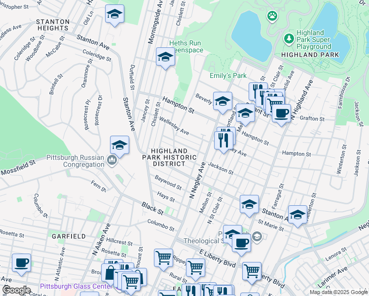 map of restaurants, bars, coffee shops, grocery stores, and more near 5518 Jackson Street in Pittsburgh