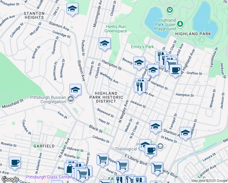 map of restaurants, bars, coffee shops, grocery stores, and more near 5518 Jackson Street in Pittsburgh