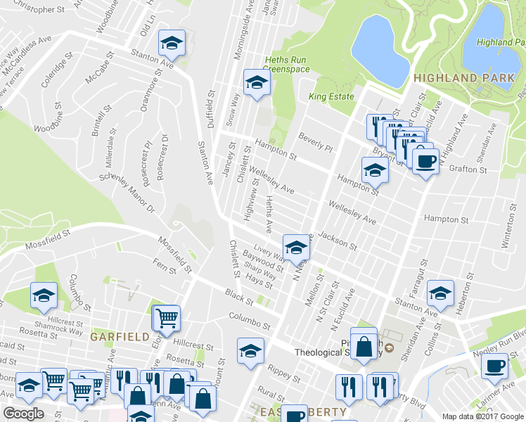 map of restaurants, bars, coffee shops, grocery stores, and more near 5443 Stanton Avenue in Pittsburgh