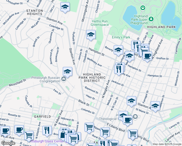 map of restaurants, bars, coffee shops, grocery stores, and more near 5443 Stanton Avenue in Pittsburgh