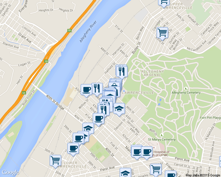 map of restaurants, bars, coffee shops, grocery stores, and more near in Pittsburgh