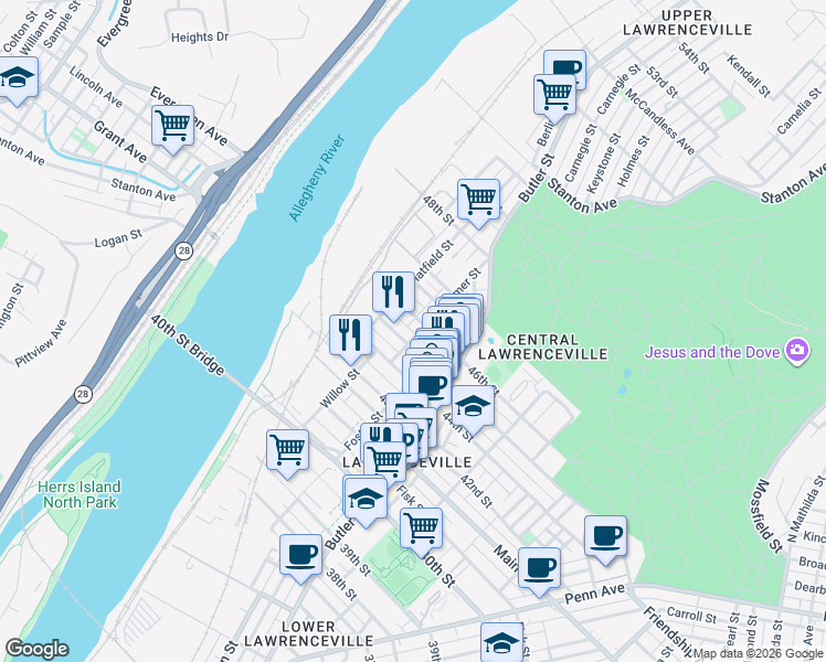 map of restaurants, bars, coffee shops, grocery stores, and more near in ARSENAL