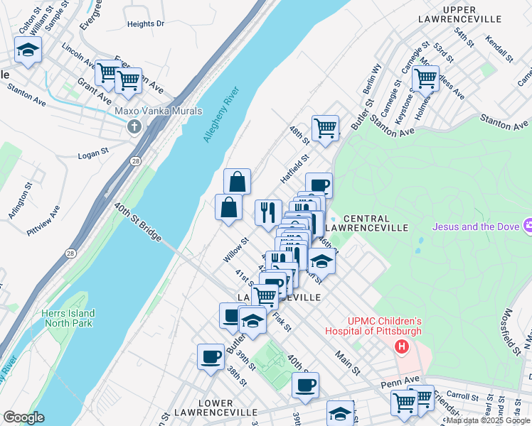 map of restaurants, bars, coffee shops, grocery stores, and more near 132 44th Street in Pittsburgh