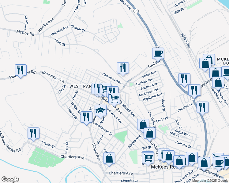 map of restaurants, bars, coffee shops, grocery stores, and more near 705 Woodward Avenue in McKees Rocks