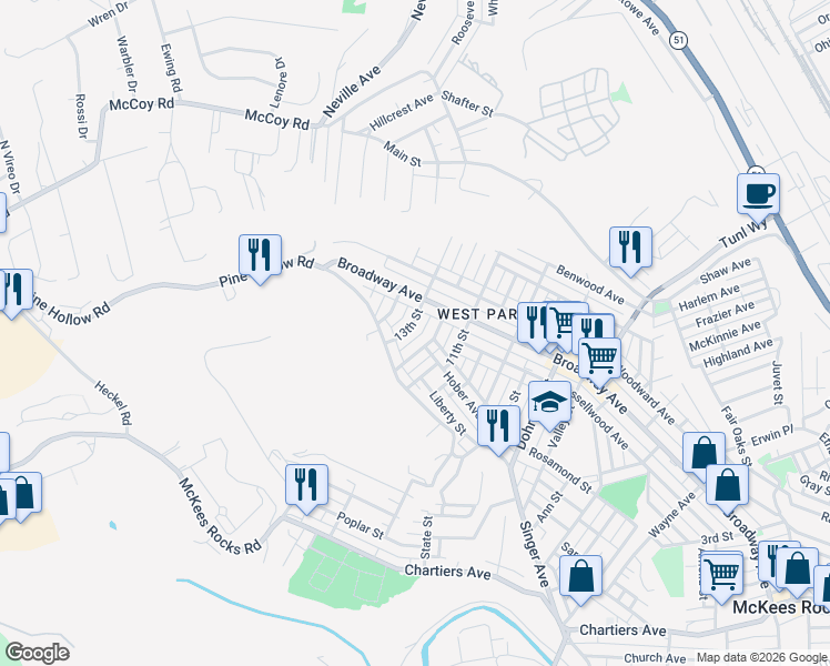 map of restaurants, bars, coffee shops, grocery stores, and more near 1142 12th Street in McKees Rocks
