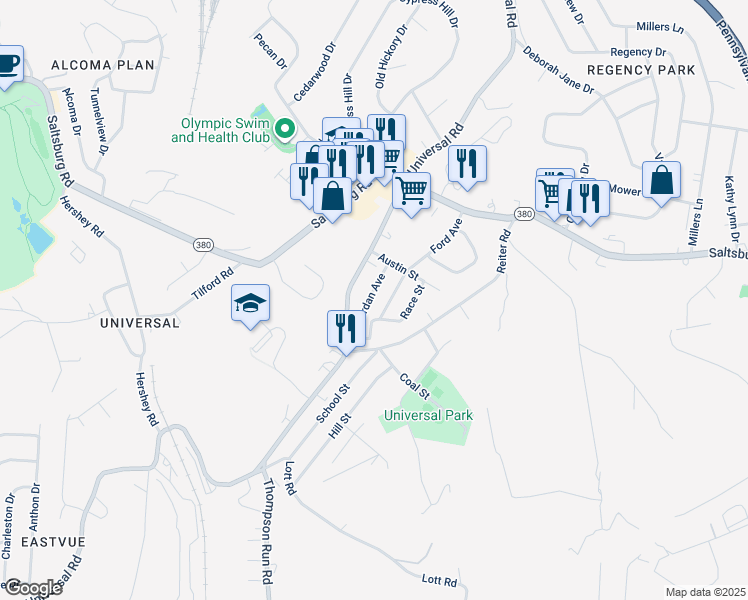 map of restaurants, bars, coffee shops, grocery stores, and more near 2704 Jordan Avenue in Pittsburgh