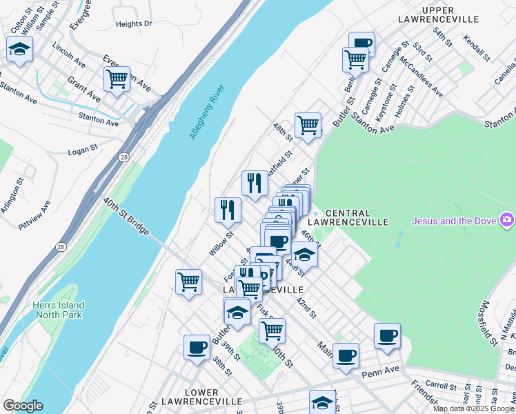 map of restaurants, bars, coffee shops, grocery stores, and more near in Pittsburgh