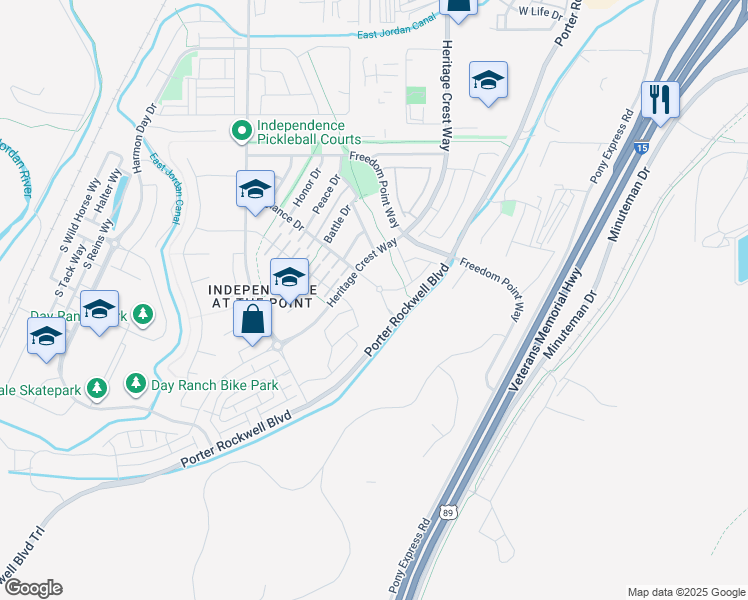 map of restaurants, bars, coffee shops, grocery stores, and more near 15300 Porter Rockwell Boulevard in Bluffdale