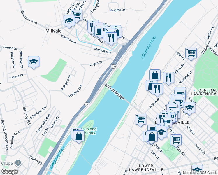 map of restaurants, bars, coffee shops, grocery stores, and more near 40th Street Bridge in Millvale