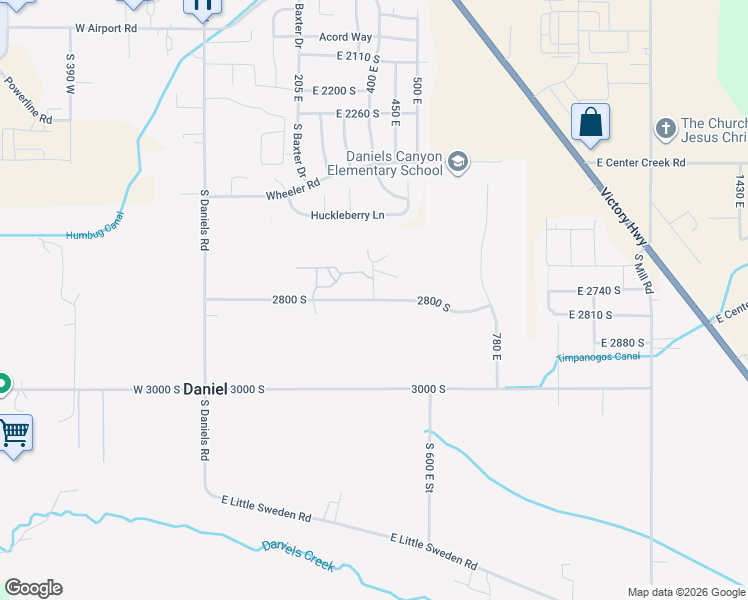 map of restaurants, bars, coffee shops, grocery stores, and more near 2477 South 400 East in Daniel