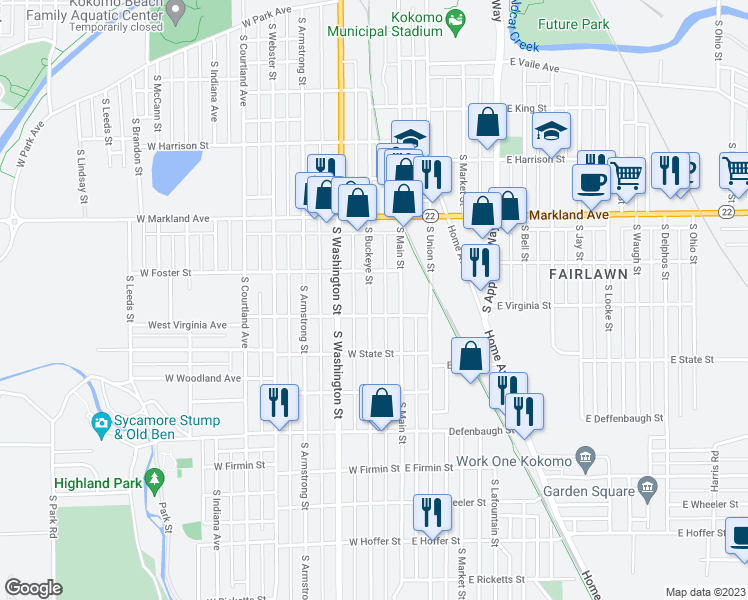map of restaurants, bars, coffee shops, grocery stores, and more near 1126 South Buckeye Street in Kokomo
