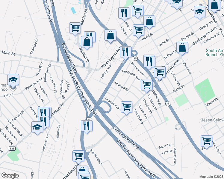 map of restaurants, bars, coffee shops, grocery stores, and more near 11 Lee Avenue in South Amboy