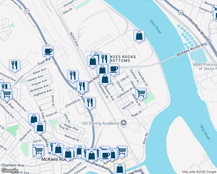 map of restaurants, bars, coffee shops, grocery stores, and more near 321 Helen Street in McKees Rocks