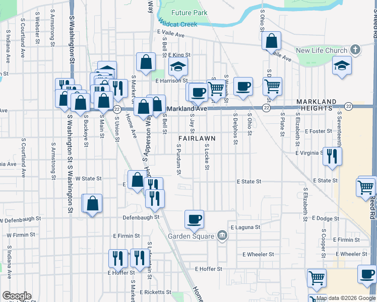 map of restaurants, bars, coffee shops, grocery stores, and more near 1115 South Jay Street in Kokomo