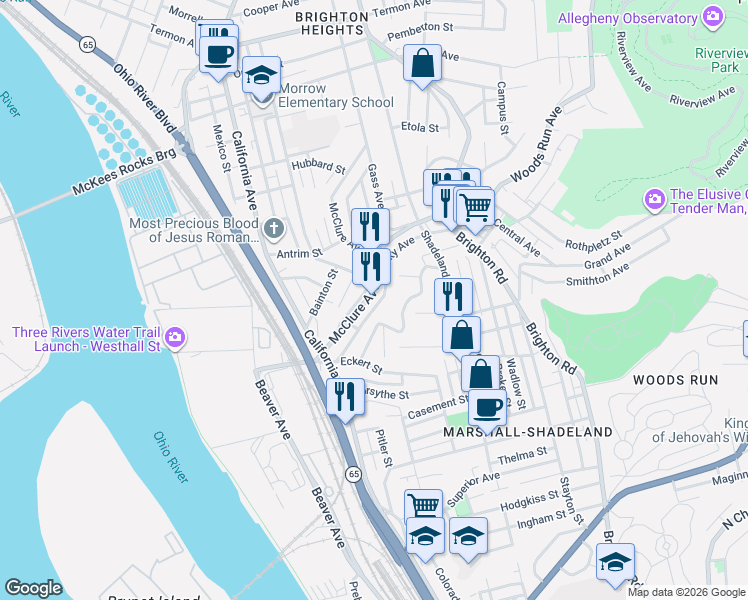 map of restaurants, bars, coffee shops, grocery stores, and more near 3184 McClure Avenue in Pittsburgh