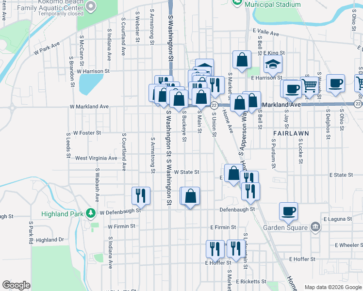 map of restaurants, bars, coffee shops, grocery stores, and more near 211 West Foster Street in Kokomo