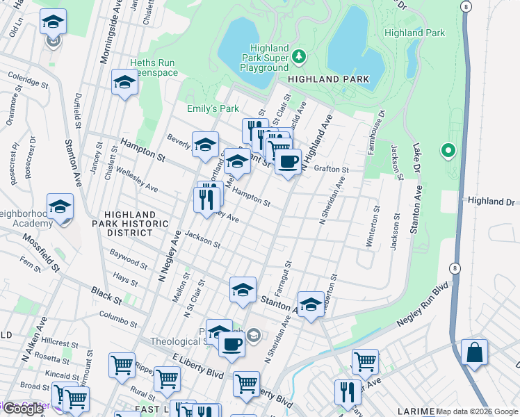 map of restaurants, bars, coffee shops, grocery stores, and more near 5914 Bryant Court in Pittsburgh