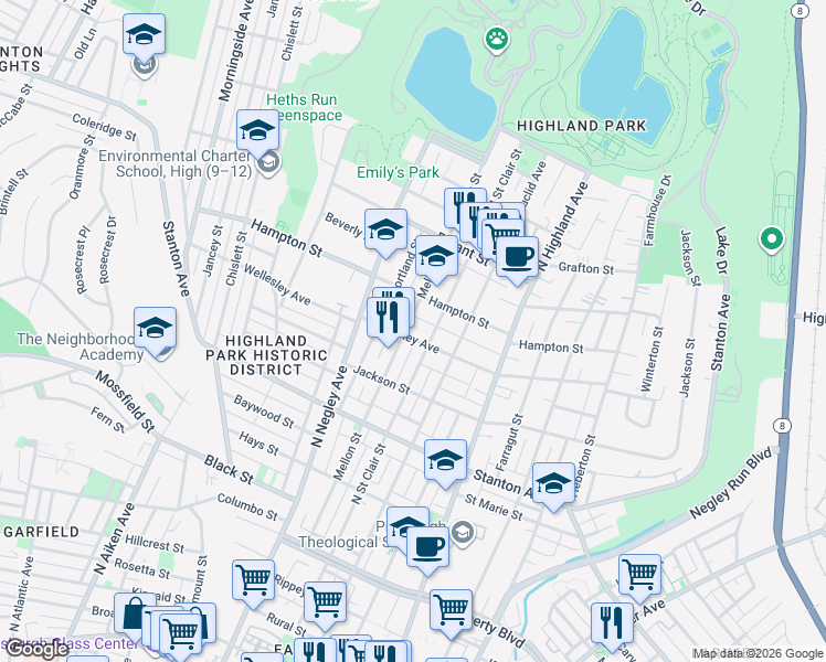 map of restaurants, bars, coffee shops, grocery stores, and more near 1023 Mellon Street in Pittsburgh