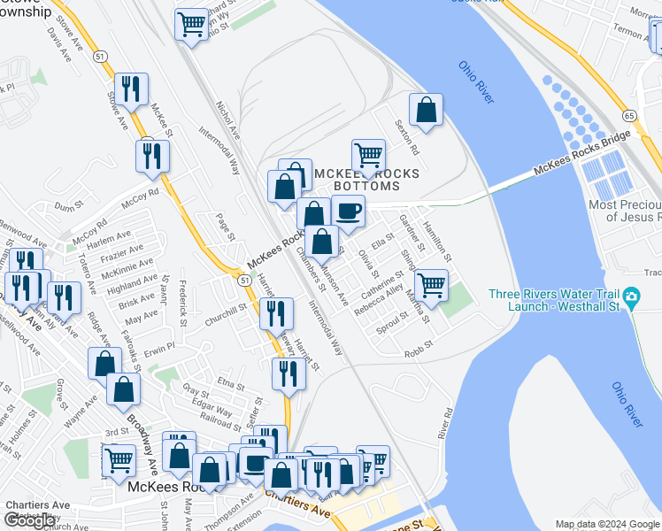 map of restaurants, bars, coffee shops, grocery stores, and more near 321 Helen Street in McKees Rocks