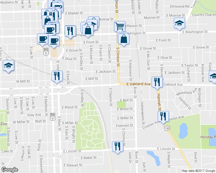 map of restaurants, bars, coffee shops, grocery stores, and more near 511 South Clayton Street in Bloomington