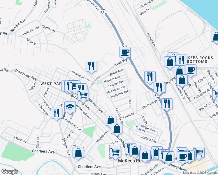 map of restaurants, bars, coffee shops, grocery stores, and more near 53 Harlem Avenue in McKees Rocks
