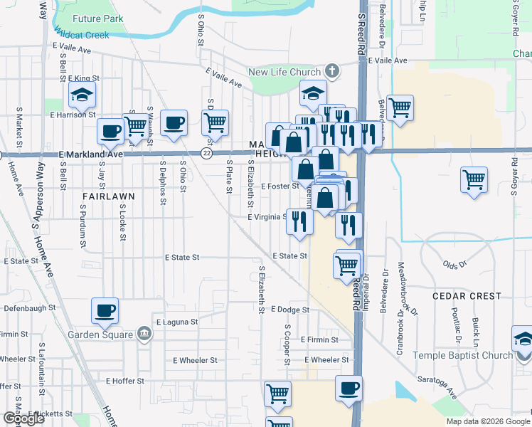 map of restaurants, bars, coffee shops, grocery stores, and more near 1113 South Calumet Street in Kokomo