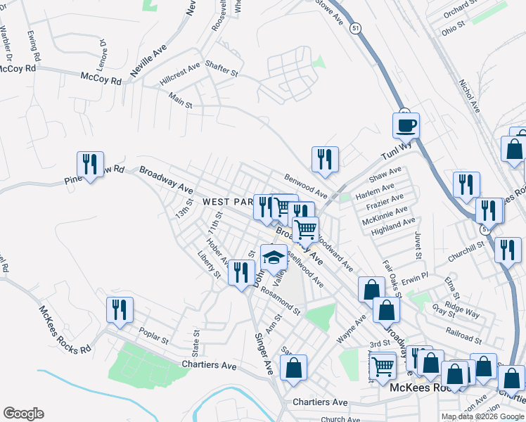 map of restaurants, bars, coffee shops, grocery stores, and more near 816 9th Street in McKees Rocks