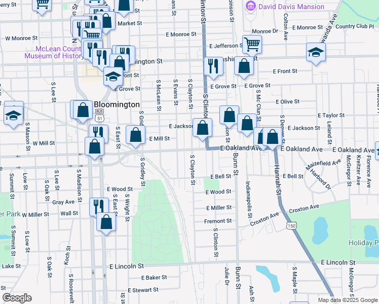 map of restaurants, bars, coffee shops, grocery stores, and more near 601 South Clayton Street in Bloomington