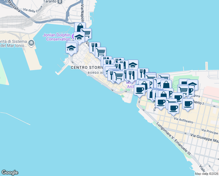 map of restaurants, bars, coffee shops, grocery stores, and more near 6-7 Piazza San Francesco in Taranto