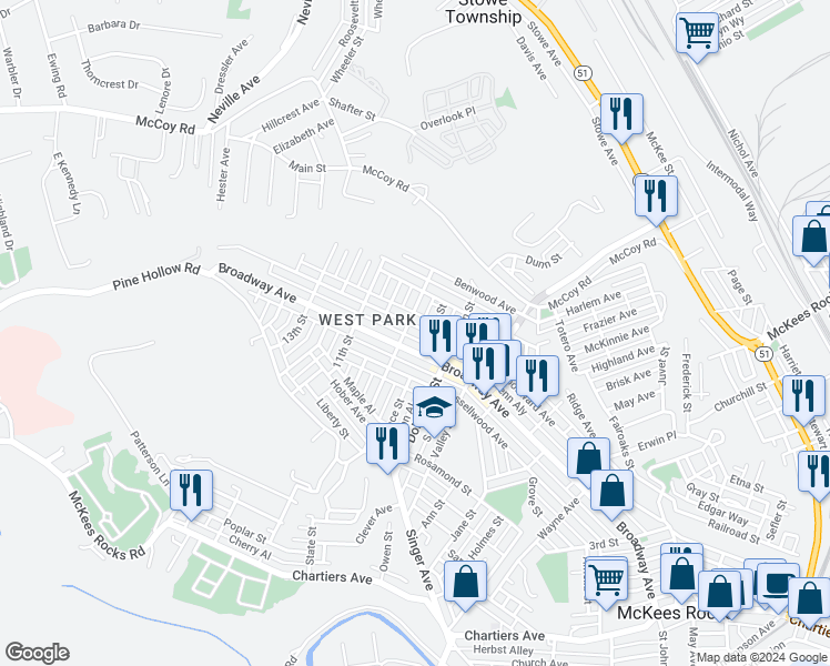 map of restaurants, bars, coffee shops, grocery stores, and more near 833 Woodward Avenue in McKees Rocks