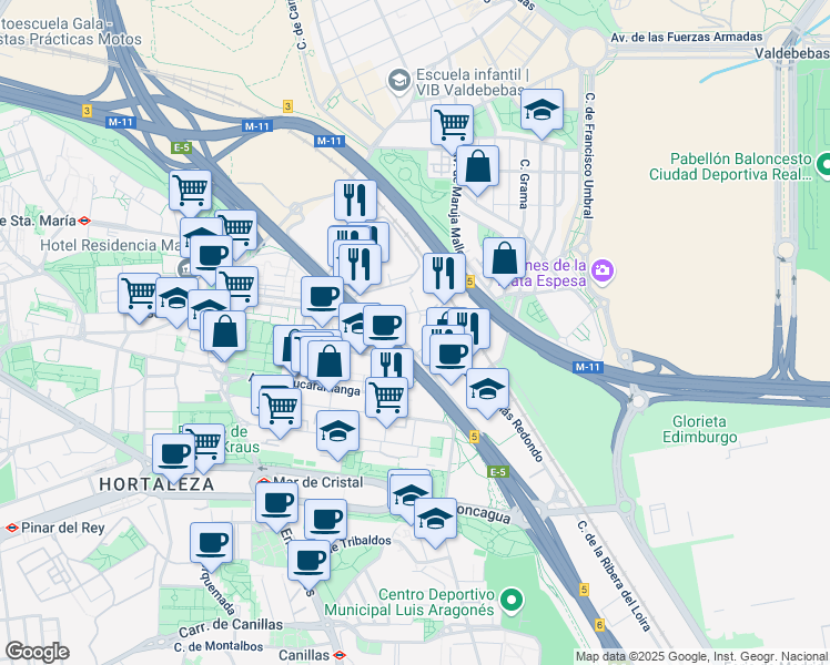 map of restaurants, bars, coffee shops, grocery stores, and more near 13 Calle Vía de los Poblados in Madrid