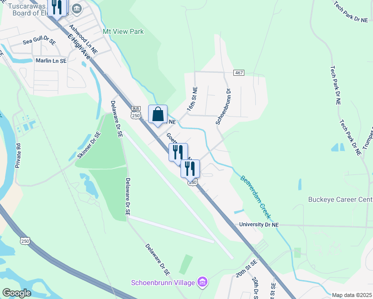 map of restaurants, bars, coffee shops, grocery stores, and more near 156 17th Street Northeast in New Philadelphia