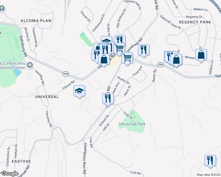 map of restaurants, bars, coffee shops, grocery stores, and more near 176 Colonial Village Drive in Pittsburgh